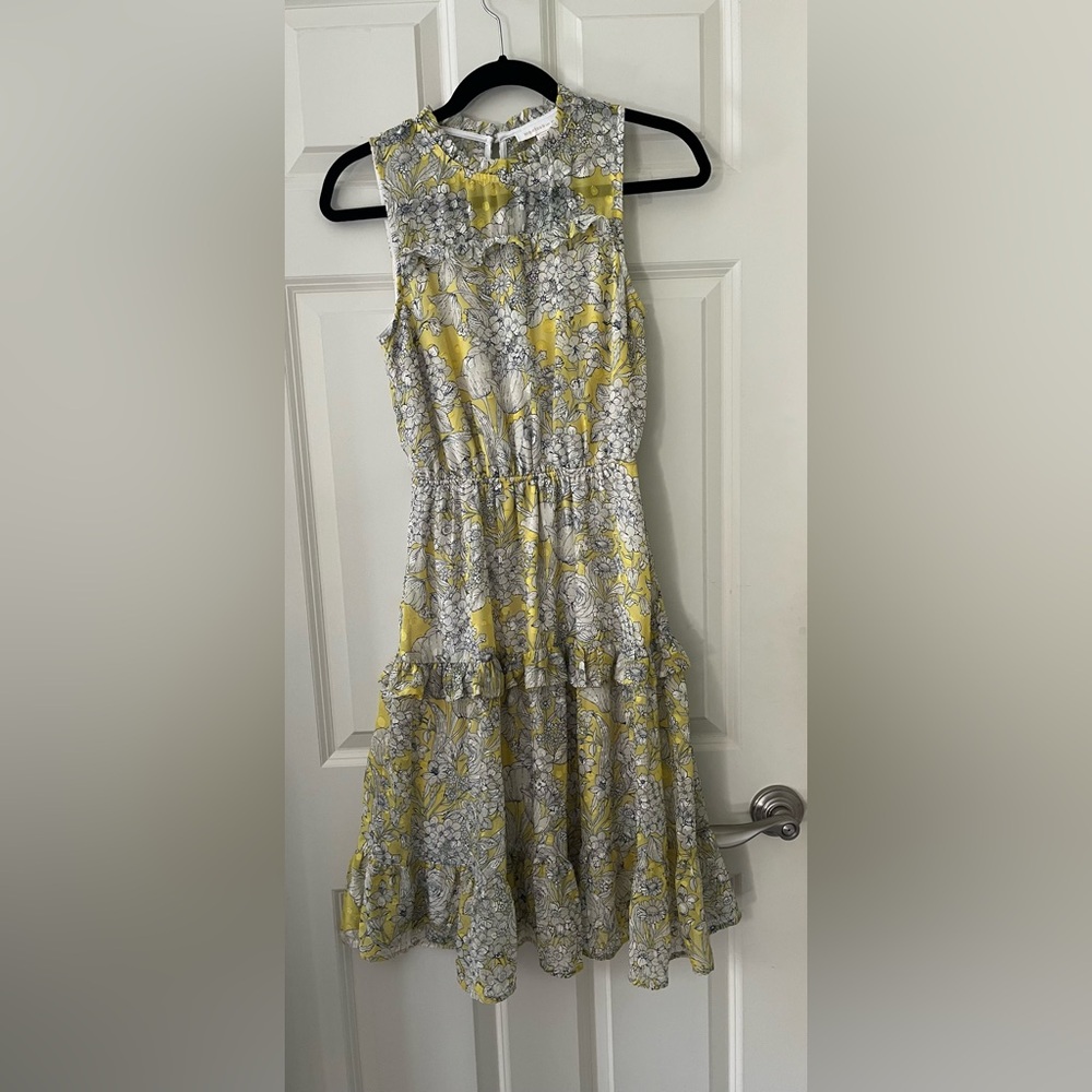 Women Monteau Yellow Navy Cream sleeveless ruffle lightweight flowy dress size S